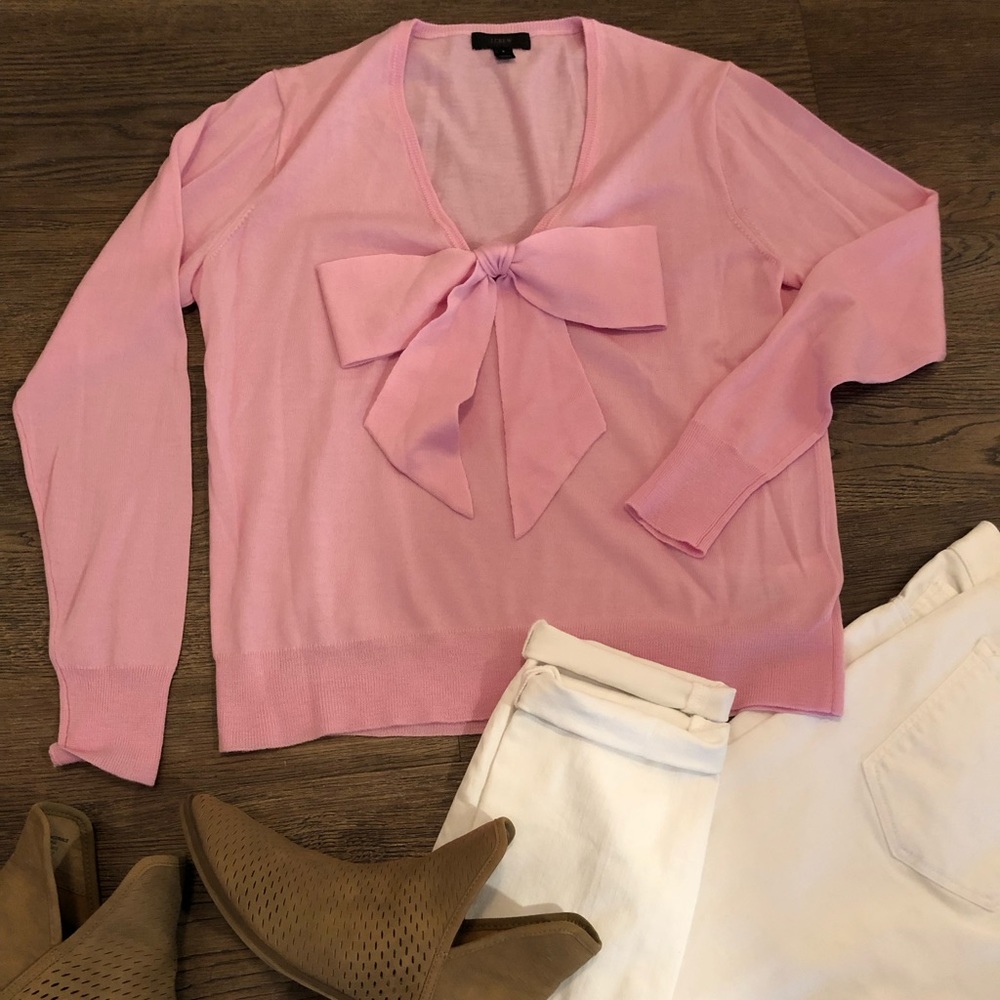 J.Crew Pink Bow Sweater Lightweight Wool EUC